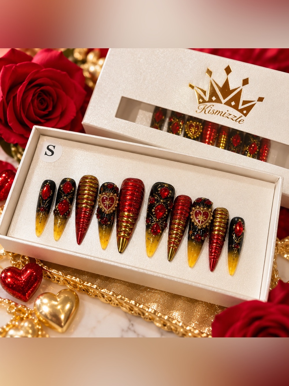 NWT Red Gold Embellished Press On Nails Set Size S Heart Design